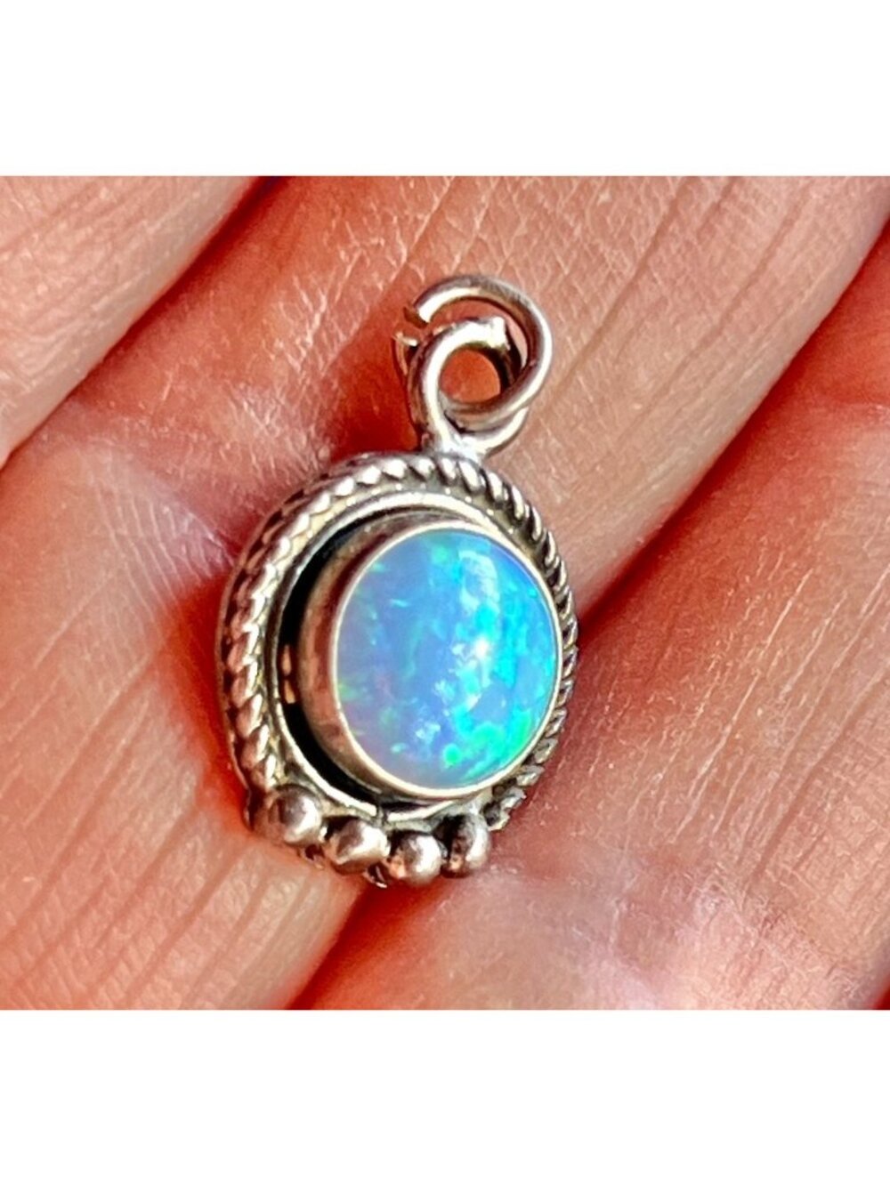Navajo 925 Pendant SS Blue Opal Rope & Bead 5/8" x .5" Wide - Picture 4 of 8